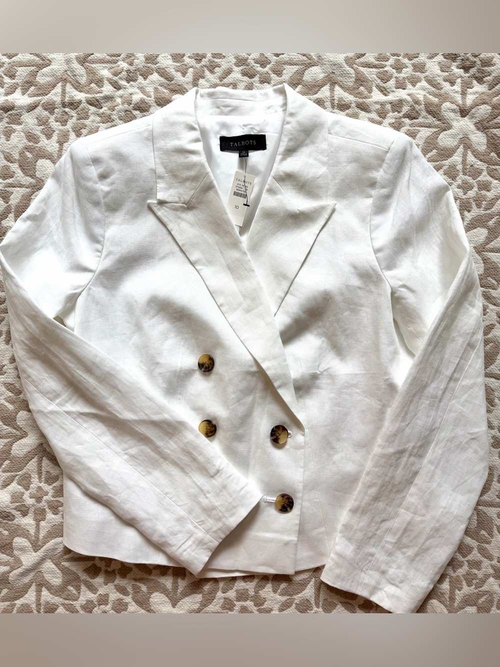 Talbots White Double-Breasted Linen-Blend Blazer with Tortoise Buttons NWT